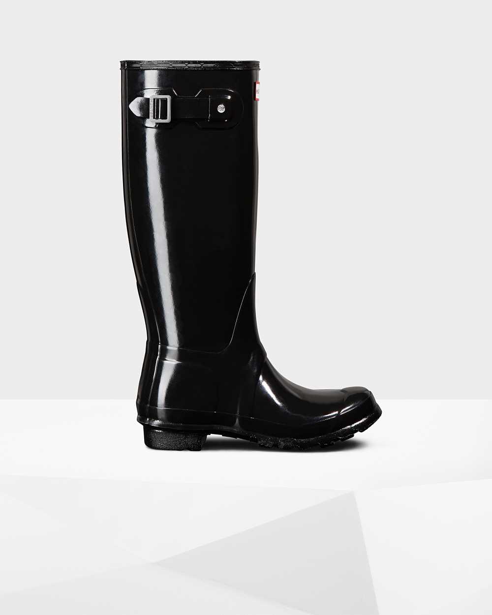 Womens Hunter Original Tall Gloss Rain Boots Black | XGJQAZ-041